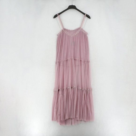Free People Womens Midi Dress Small Pink Studded Mesh Night Out Tiered Trapeze - Picture 12 of 14